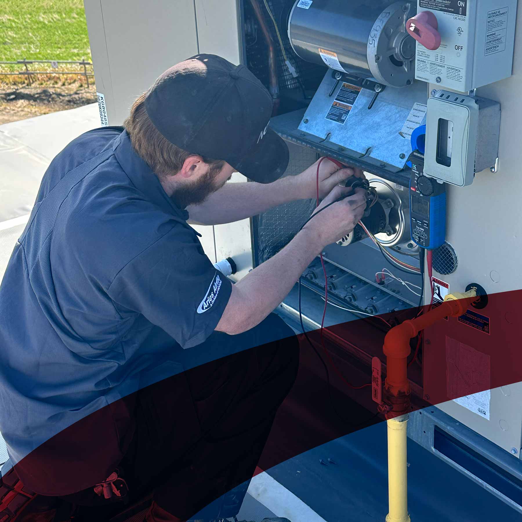 technician providing emergency maintenance with branding overlay