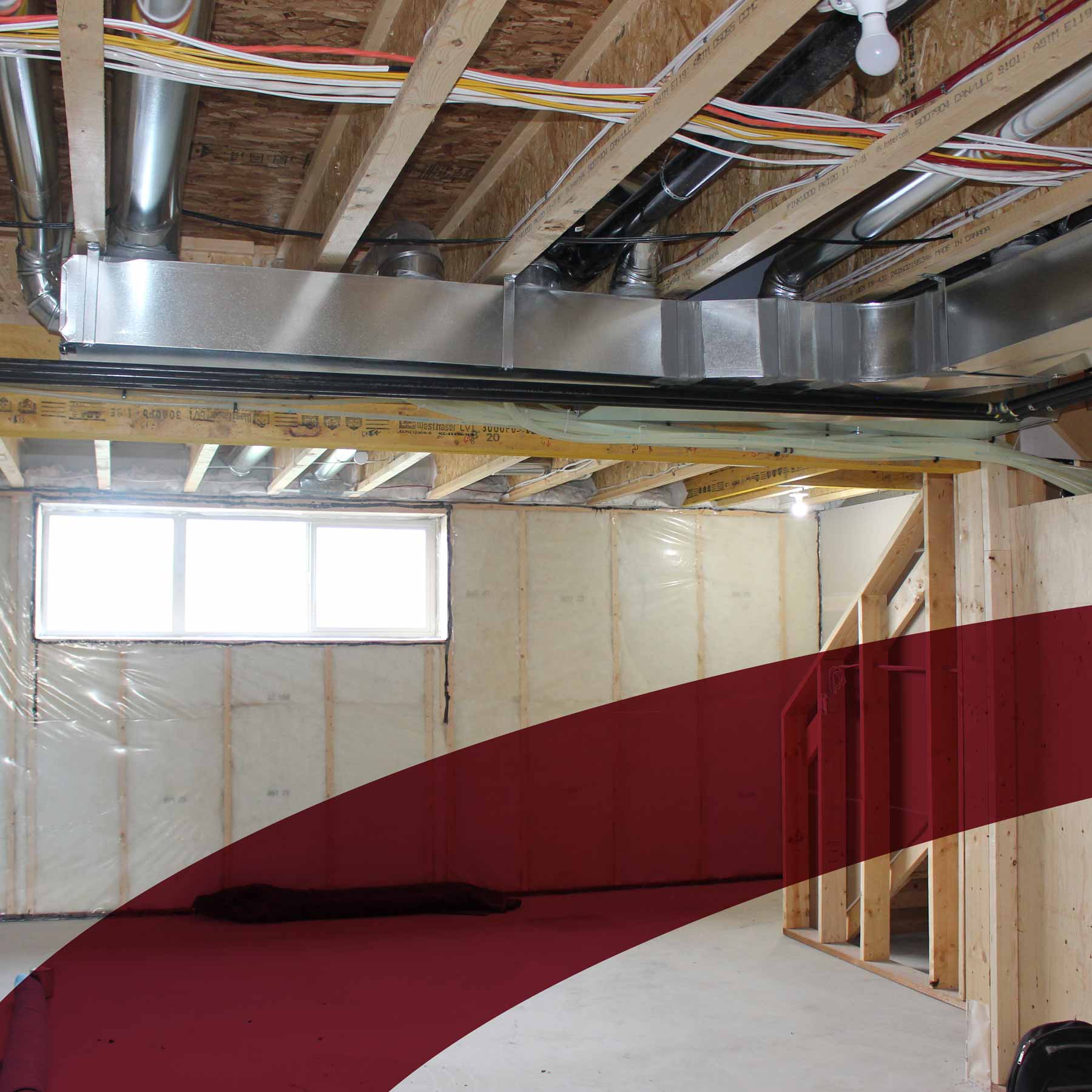basement framing with branding overlay